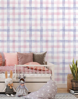 Papel de Parede Adesivo Xadrez Vichy Aquarela Rosa e Lilás