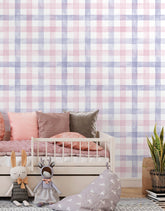 KIT DE 1 ROLOS - 3,00m x 50cm - Papel de Parede Adesivo Xadrez Vichy Aquarela Rosa e Lilás