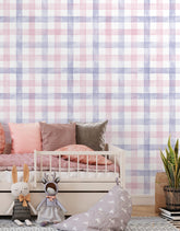 Papel de Parede Adesivo Xadrez Vichy Aquarela Rosa e Lilás