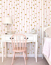 Papel De Parede Rosa Adesivo Listras E Corações De Glitter
