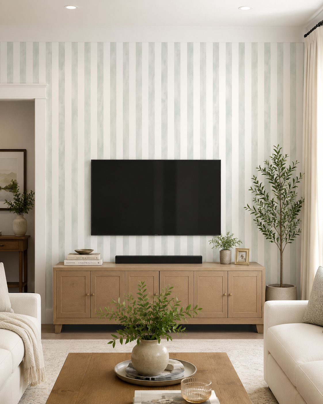 Papel de Parede Adesivo Listrado Aquarela Verde Suave