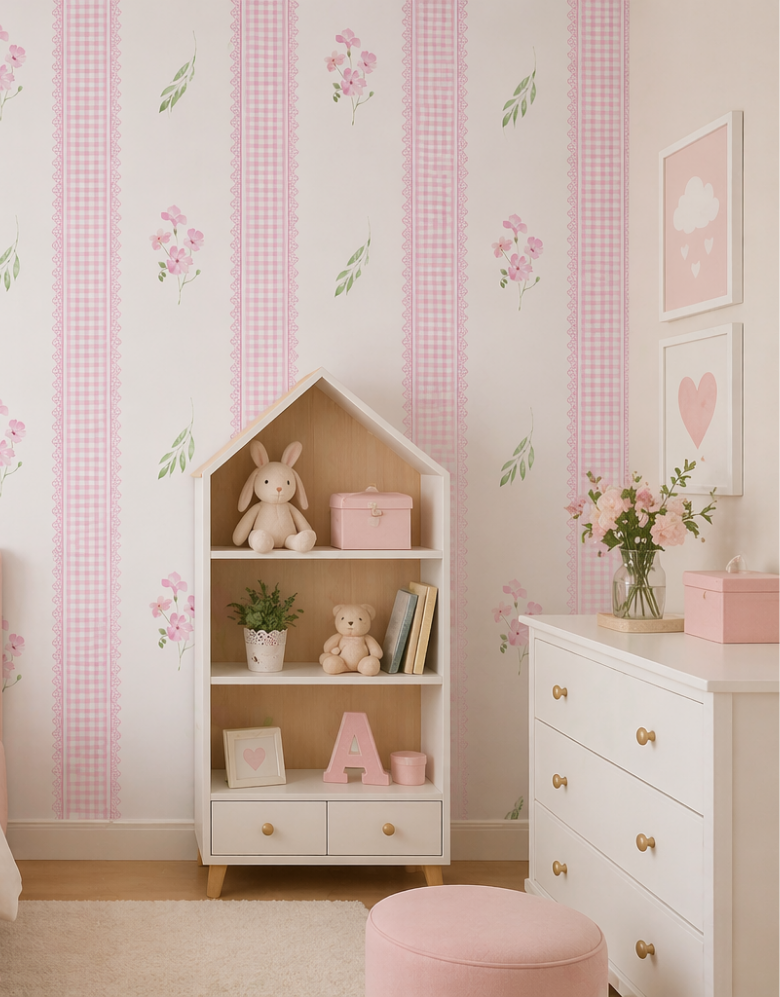 Papel de Parede Adesivo Floral Rosa Listrado Provençal