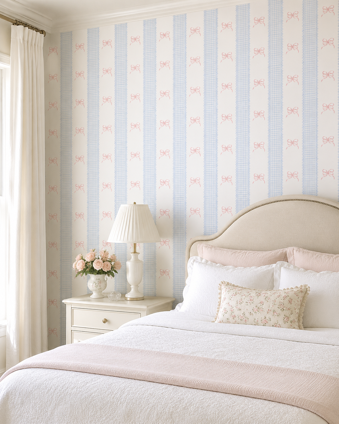 Papel de Parede Adesivo Laços Rosa Listrado Xadrez Azul
