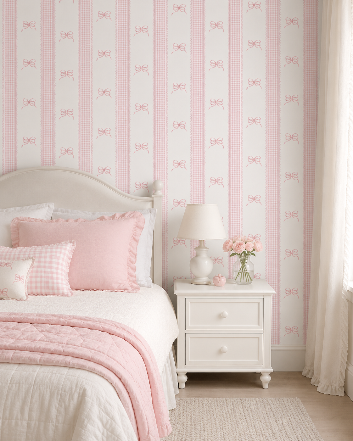 Papel de Parede Adesivo Laços Rosa Listrado Xadrez