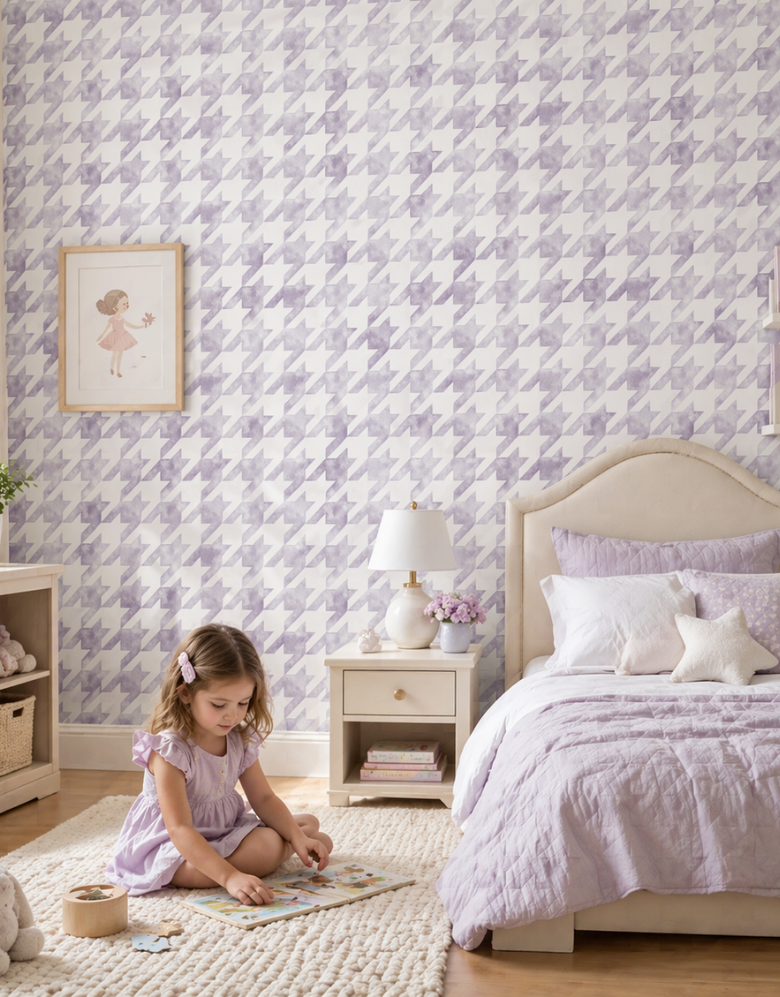 Papel de Parede Adesivo Pied de Poule Lilás Aquarela