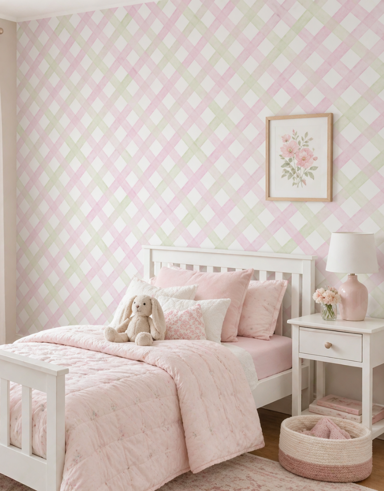 Papel de Parede Adesivo Trellis Aquarela Rosa Bebê e Verde