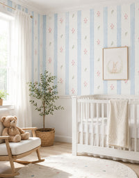 Papel de Parede Adesivo Floral Listrado Azul Provençal