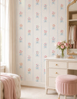 Papel de Parede Adesivo Floral Buquês Listrado Azul