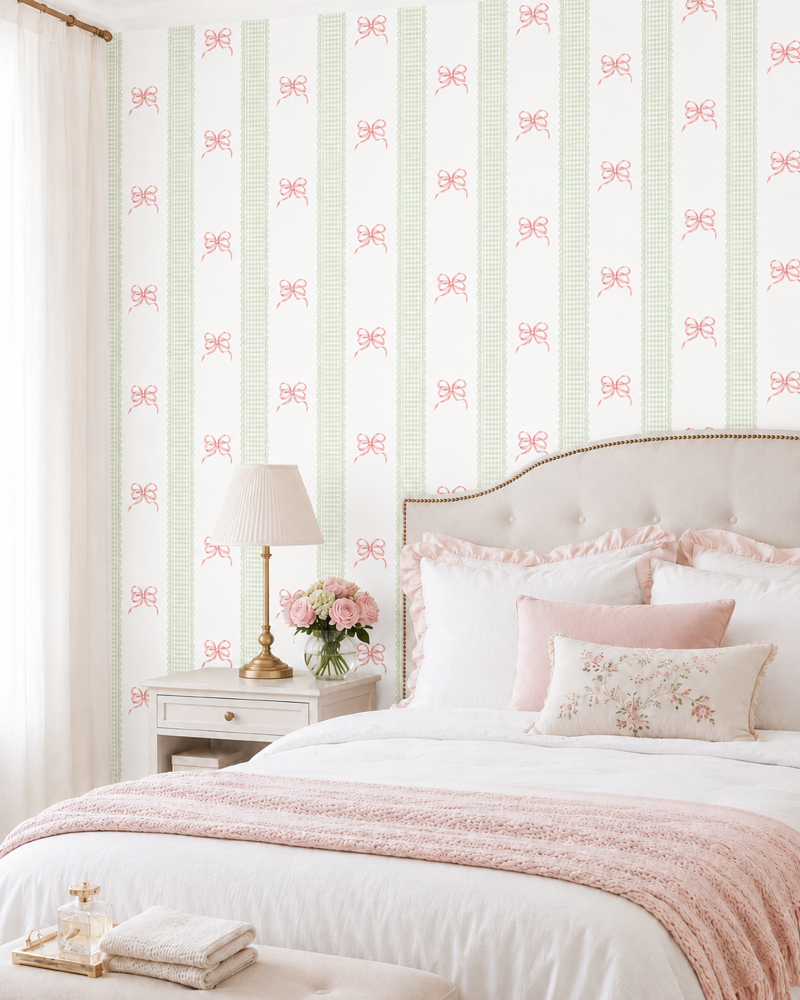 Papel de Parede Adesivo Laços Rosa Listrado Xadrez Verde