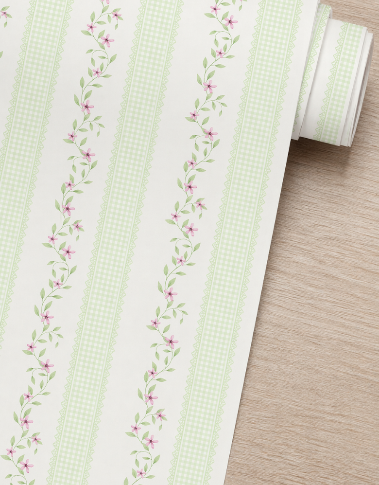 Papel de Parede Adesivo Ramo Floral Listrado Verde