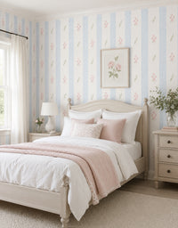 Papel de Parede Adesivo Floral Listrado Azul Provençal