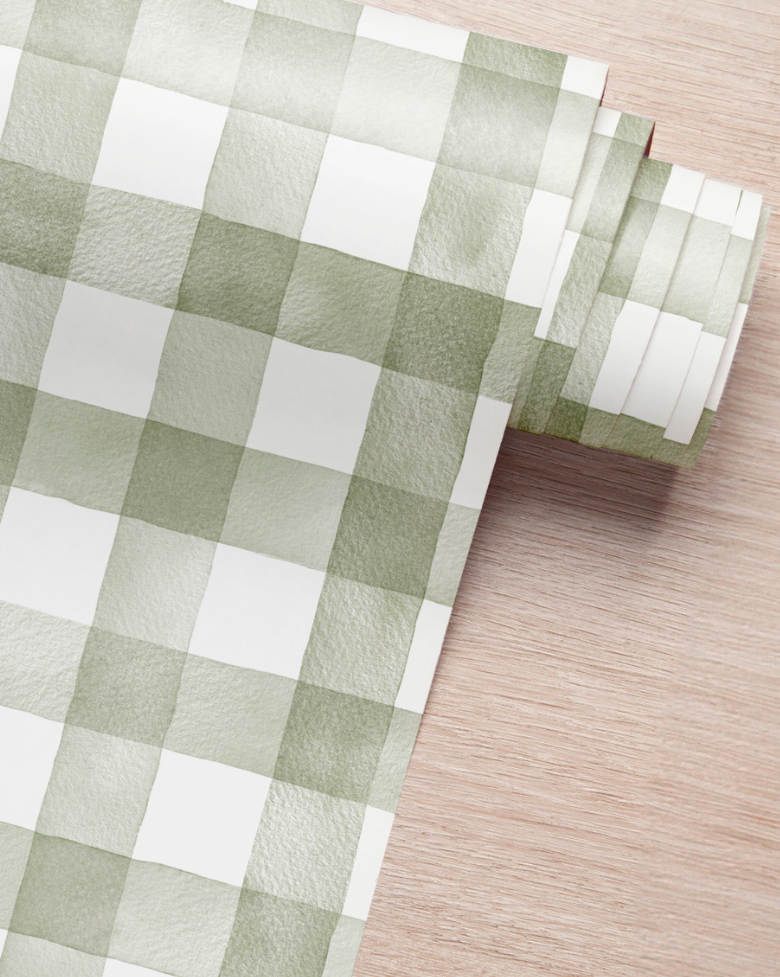 Papel de Parede Adesivo Xadrez Vichy Aquarela Oliva