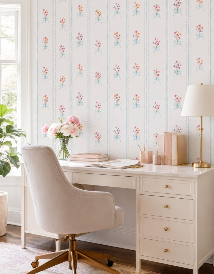 Papel de Parede Adesivo Floral Buquês Listrado Azul