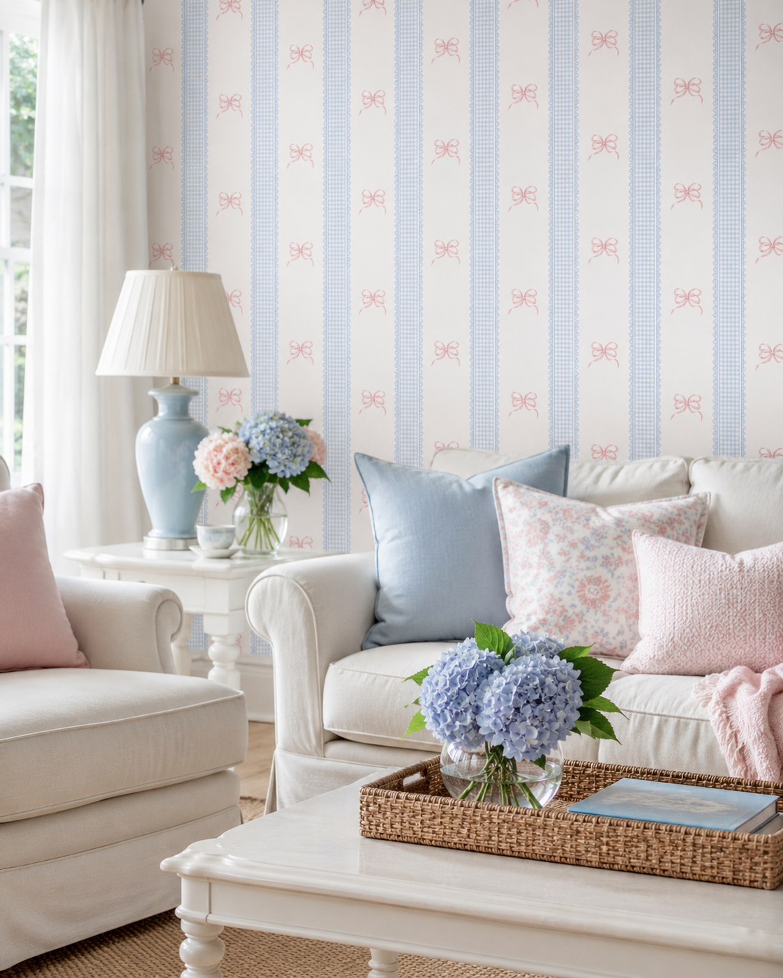 Papel de Parede Adesivo Laços Rosa Listrado Xadrez Azul