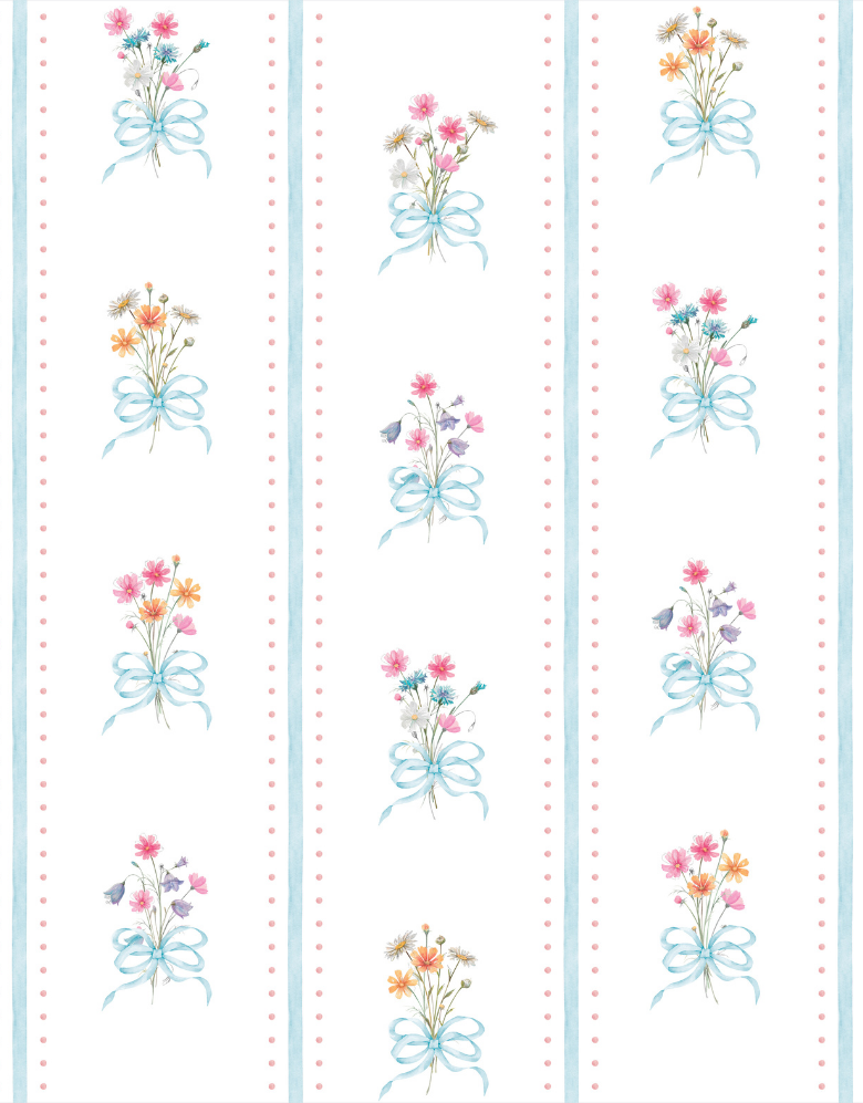 Papel de Parede Adesivo Floral Buquês com Laços Azul Aquarela