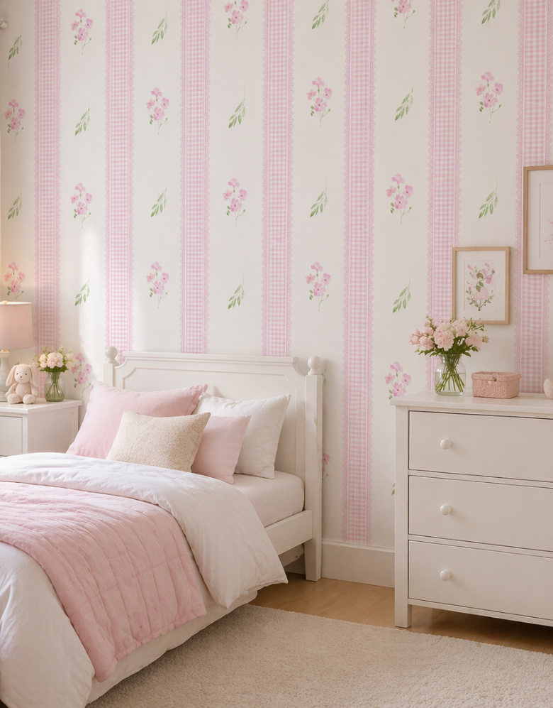 Papel de Parede Adesivo Floral Rosa Listrado Provençal