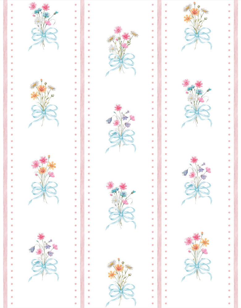 Papel de Parede Adesivo Buquês com Laços Azul e Listras Rosê