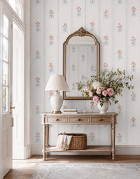 Papel de Parede Adesivo Floral Buquês Listrado Azul