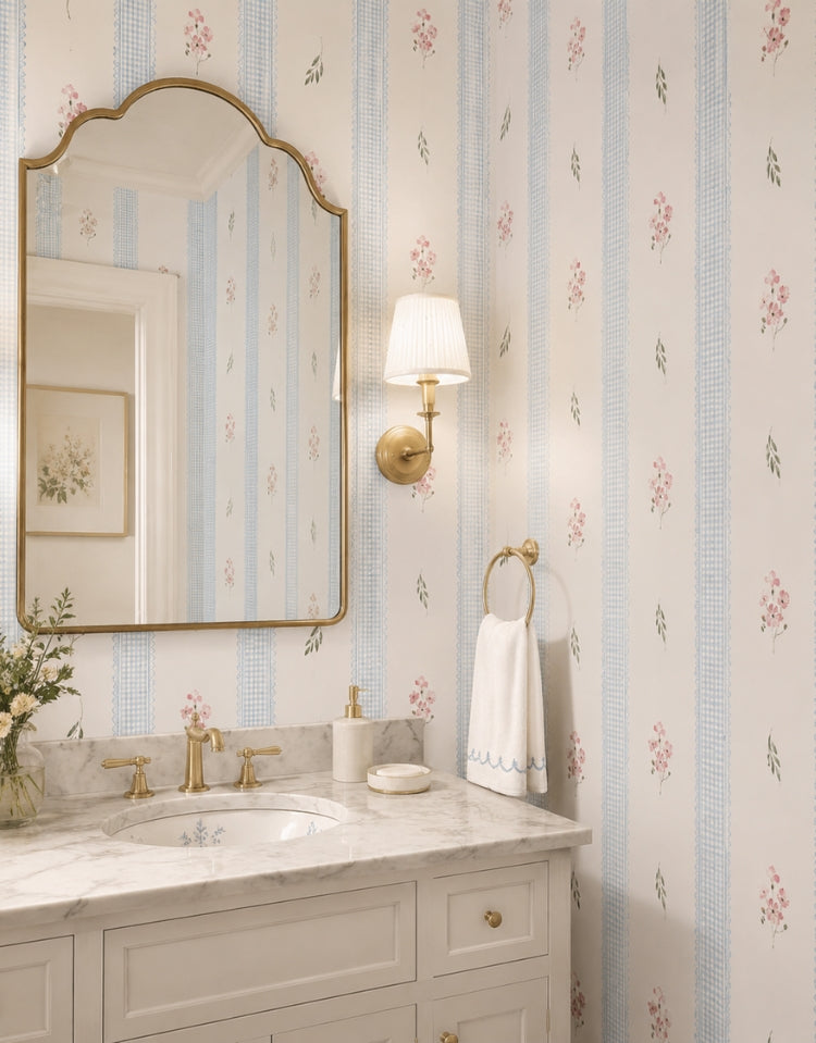 Papel de Parede Adesivo Floral Listrado Azul Provençal