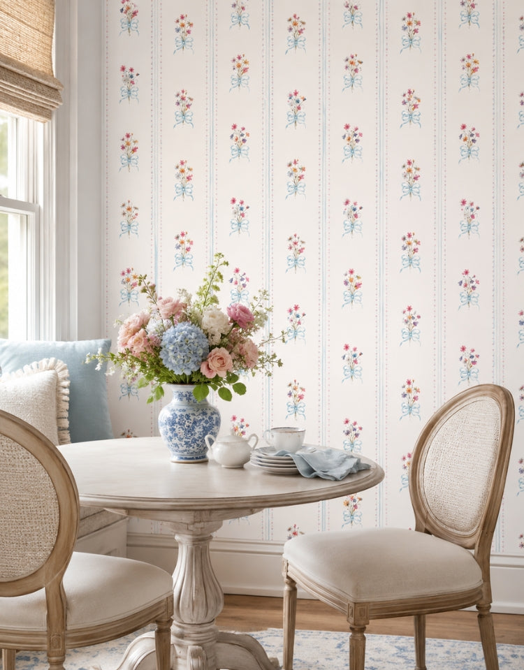 Papel de Parede Adesivo Floral Buquês Listrado Azul