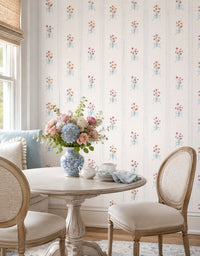 Papel de Parede Adesivo Floral Buquês Listrado Azul