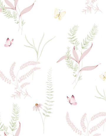 Papel de Parede Adesivo Jardim Rosa com Borboletas Aquarela