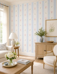 Papel de Parede Adesivo Floral Listrado Azul Provençal