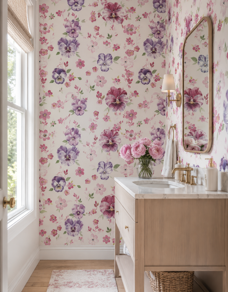 Papel de Parede Adesivo Floral Amor Perfeito Aquarela