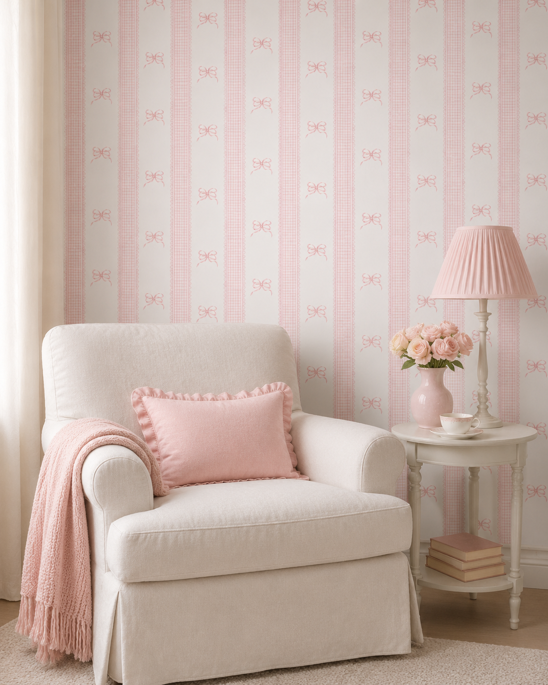 Papel de Parede Adesivo Laços Rosa Listrado Xadrez