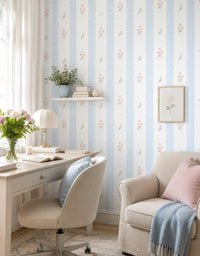 Papel de Parede Adesivo Floral Listrado Azul Provençal