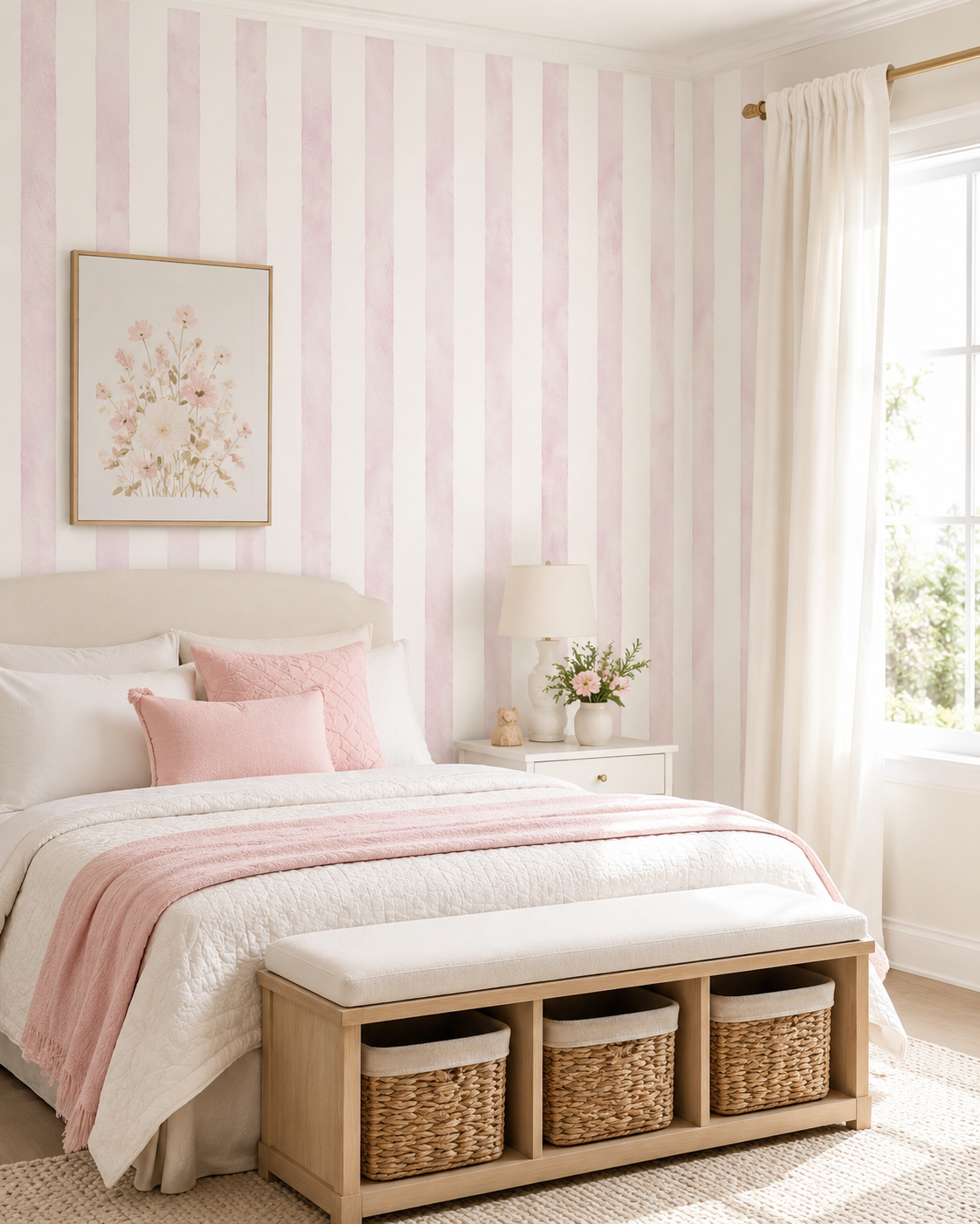 Papel de Parede Adesivo Listrado Aquarela Rosa