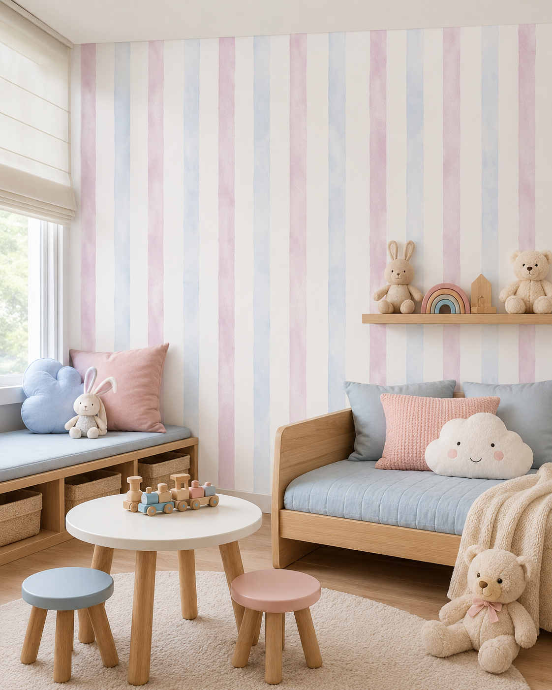Papel de Parede Adesivo Listrado Aquarela Azul e Rosa