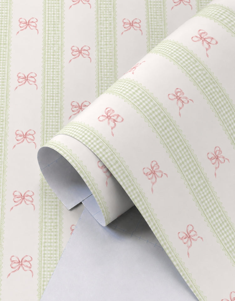 Papel de Parede Adesivo Laços Rosa Listrado Xadrez Verde