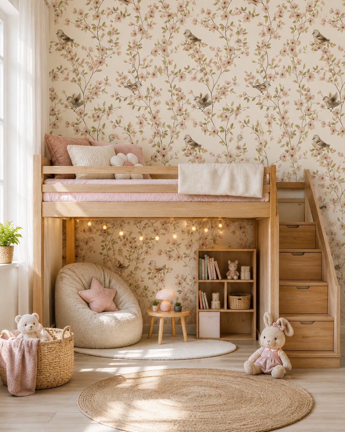 Papel de Parede Adesivo Pássaros e Flores Aquarela