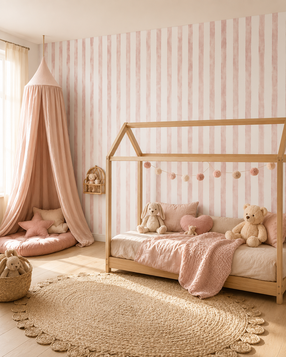 Papel de Parede Adesivo Listrado Aquarela Rosa Blush