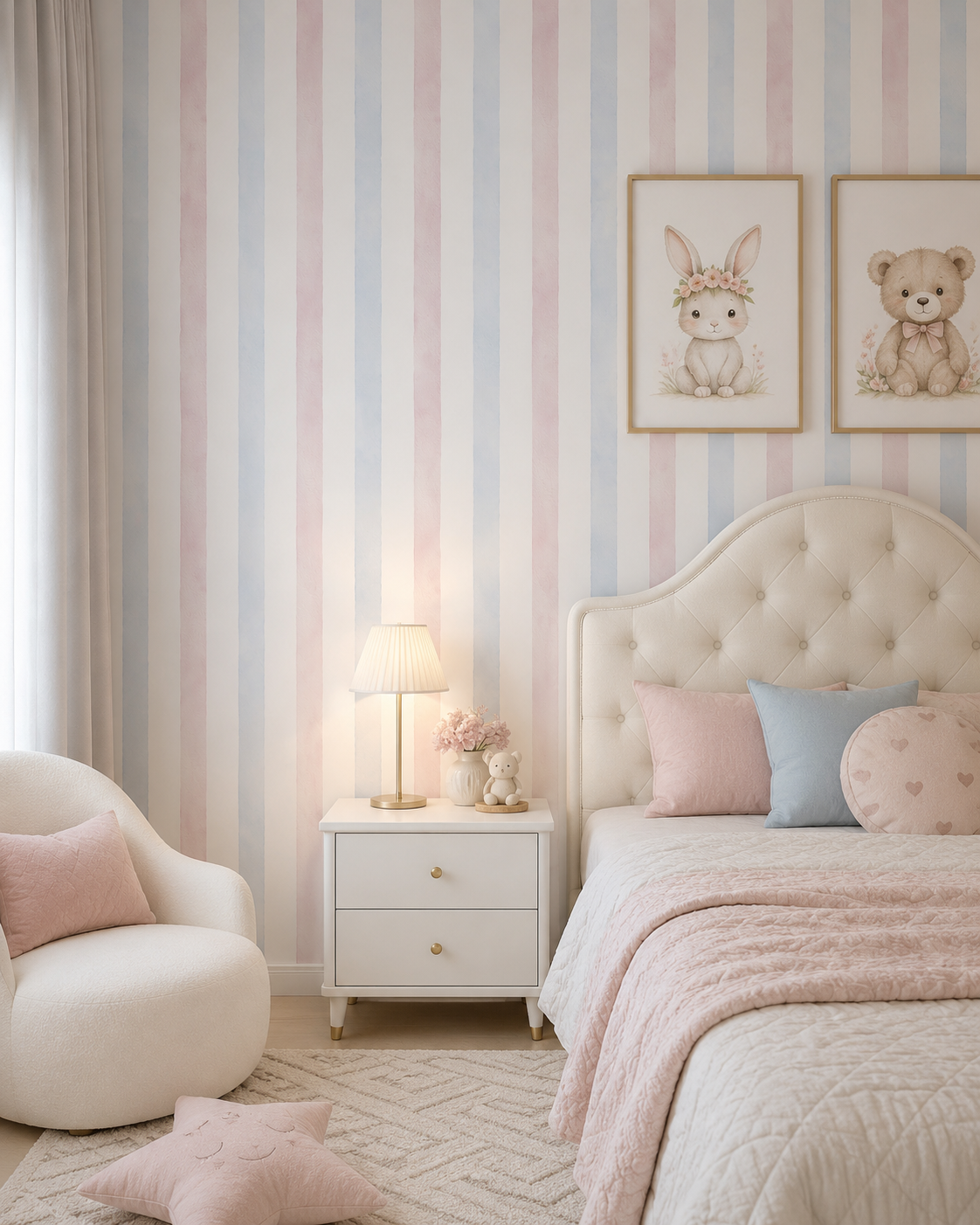 Papel de Parede Adesivo Listrado Aquarela Azul e Rosa