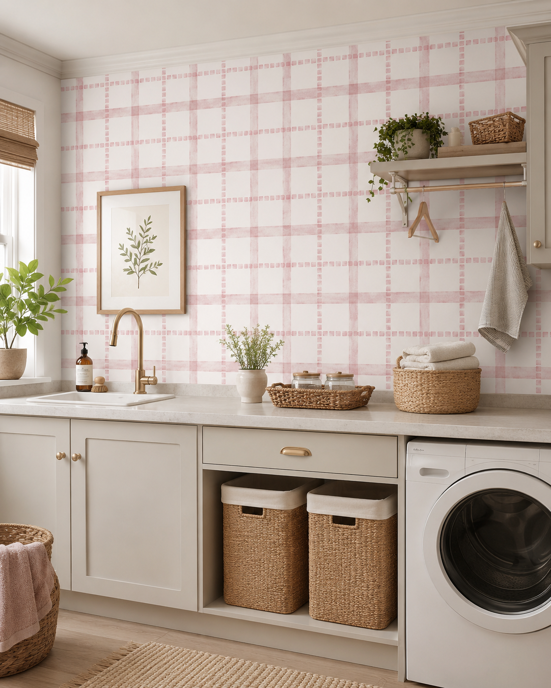 Papel de Parede Adesivo Xadrez Pontilhado Rosa