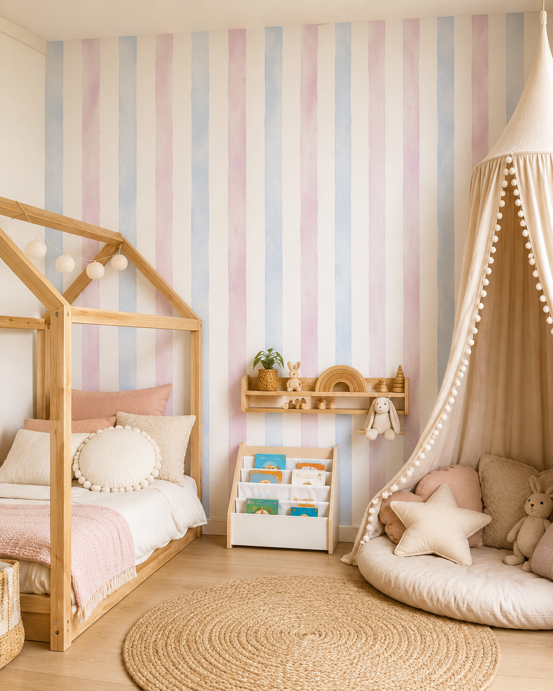 Papel de Parede Adesivo Listrado Aquarela Azul e Rosa