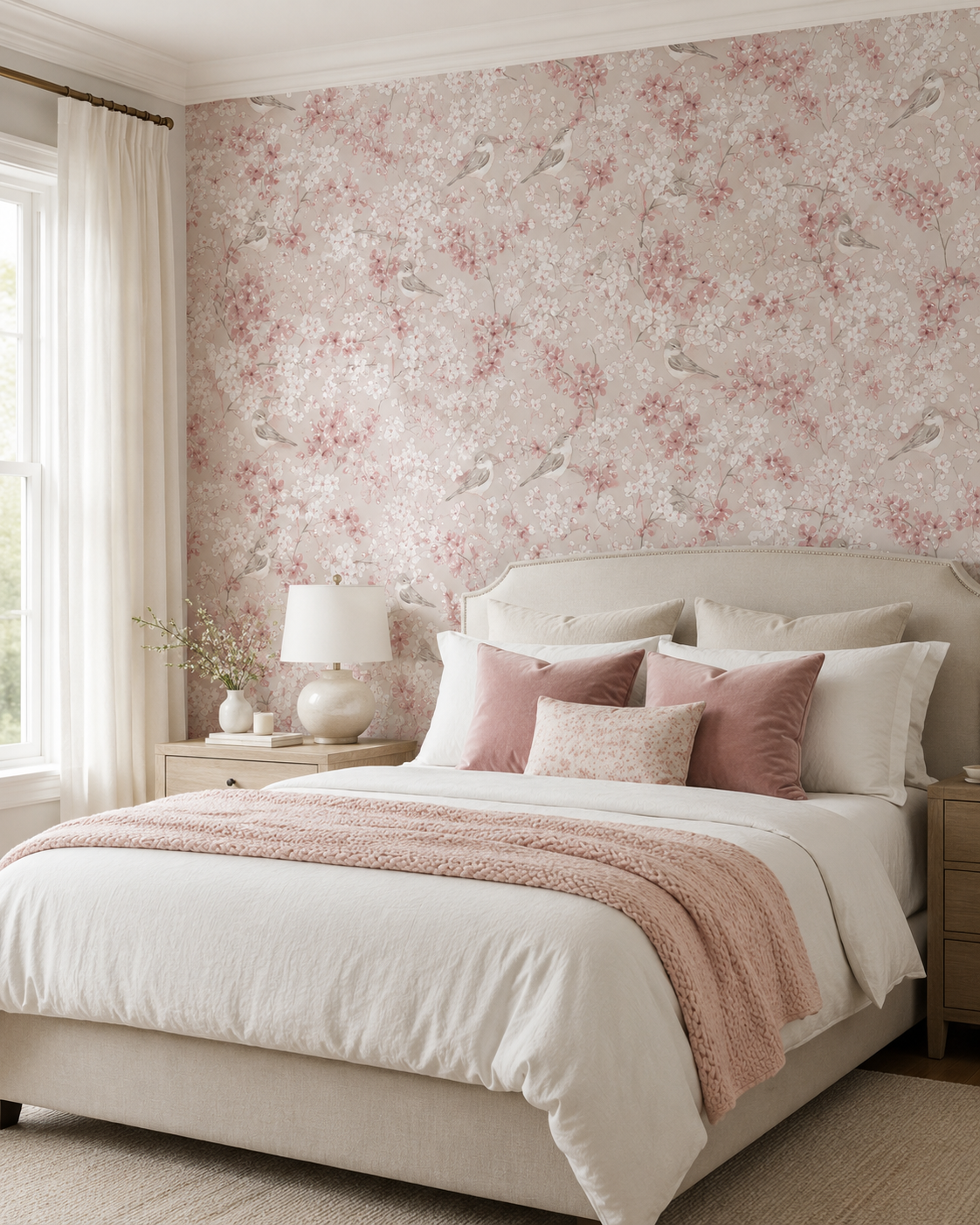 Papel de Parede Adesivo Floral Rosa com Pássaros