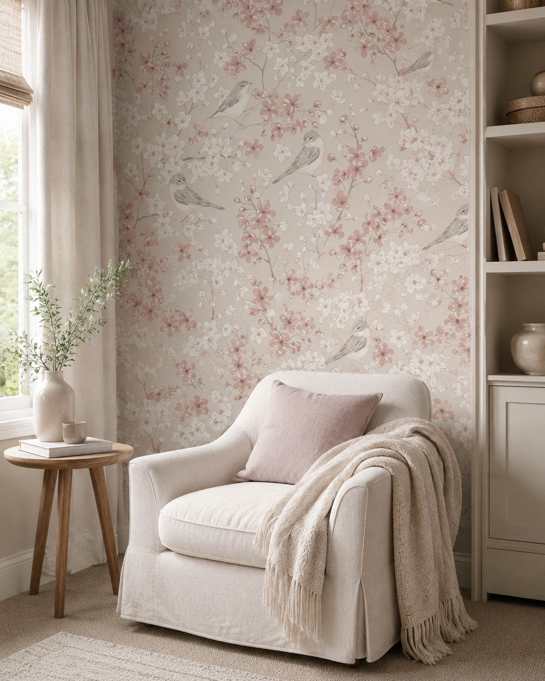 Papel de Parede Adesivo Floral Rosa com Pássaros