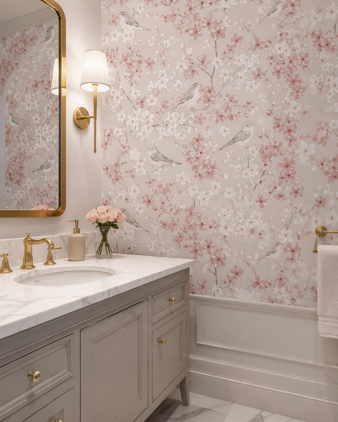 Papel de Parede Adesivo Floral Rosa com Pássaros
