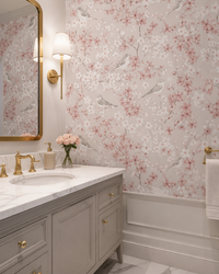 Papel de Parede Adesivo Floral Rosa com Pássaros