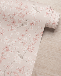 Papel de Parede Adesivo Floral Rosa com Pássaros