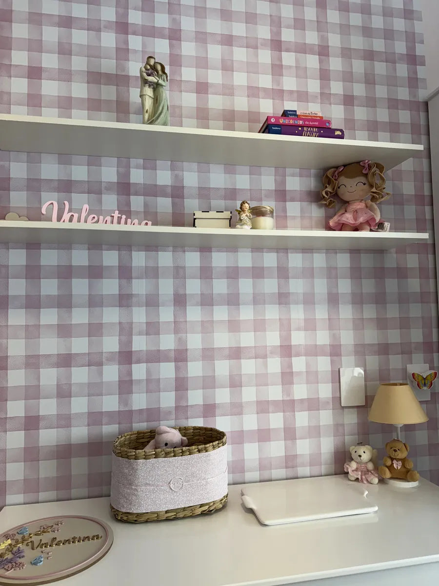 Papel de Parede Adesivo Xadrez Vichy Aquarela Rosa Ternura