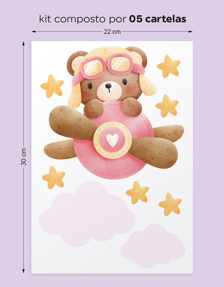 Cartela Adesiva Ursinho Aviador Rosa
