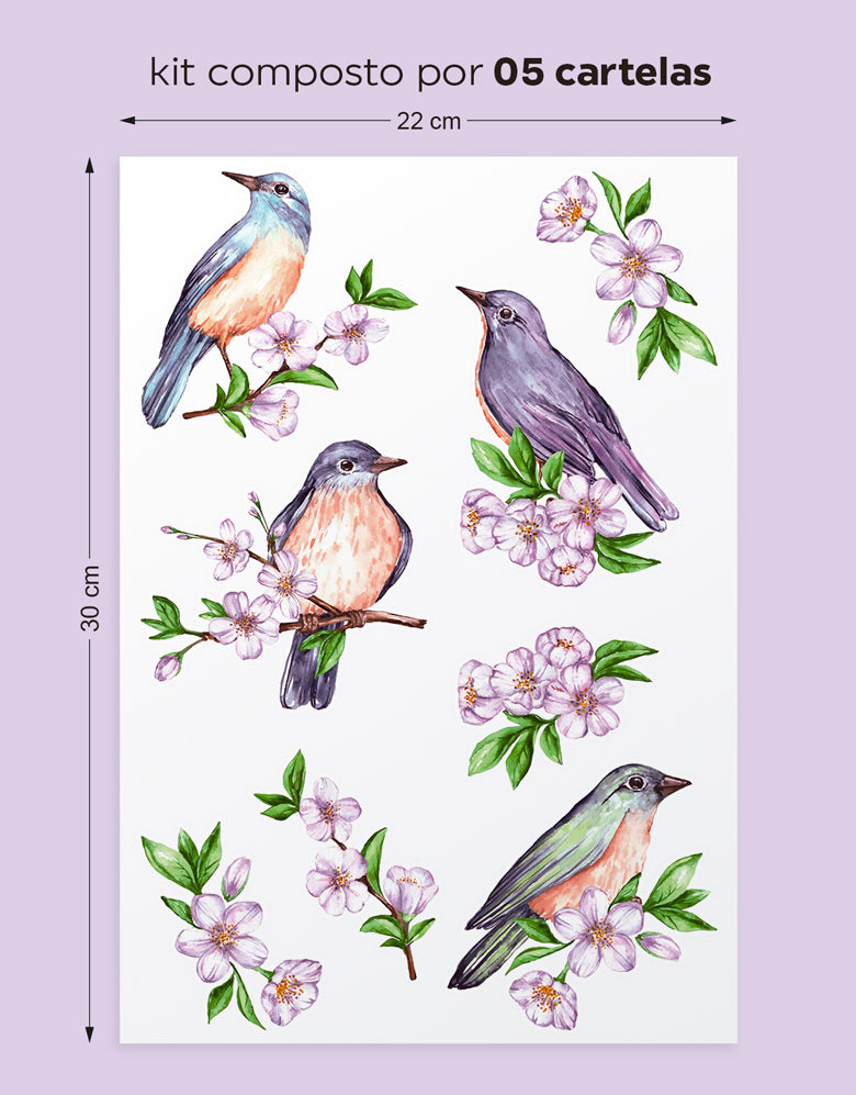 Cartela Adesiva Pássaros Aquarela