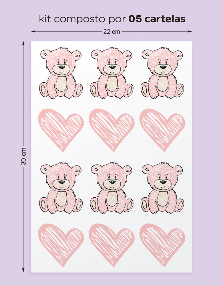 Cartela Adesiva Ursinhos e Corações Rosa