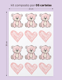 Cartela Adesiva Ursinhos e Corações Rosa