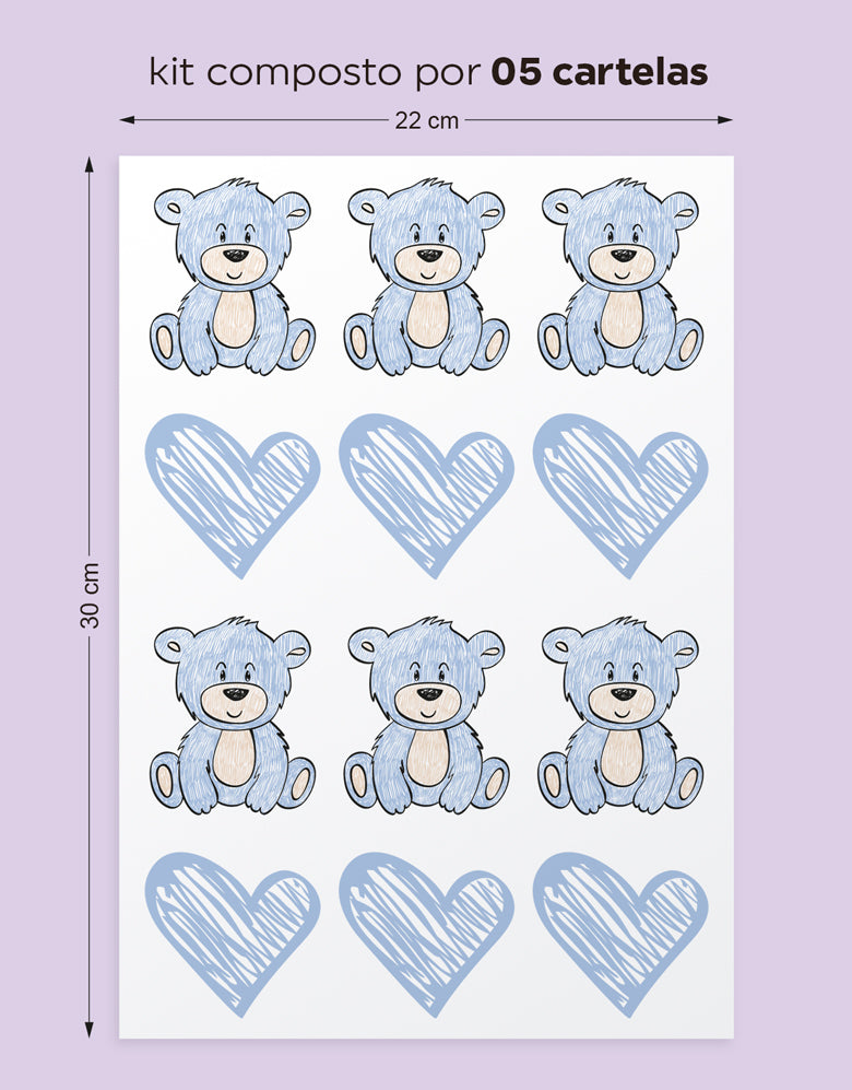Cartela Adesiva Ursinhos e Corações Azuis
