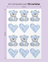 Cartela Adesiva Ursinhos e Corações Azuis